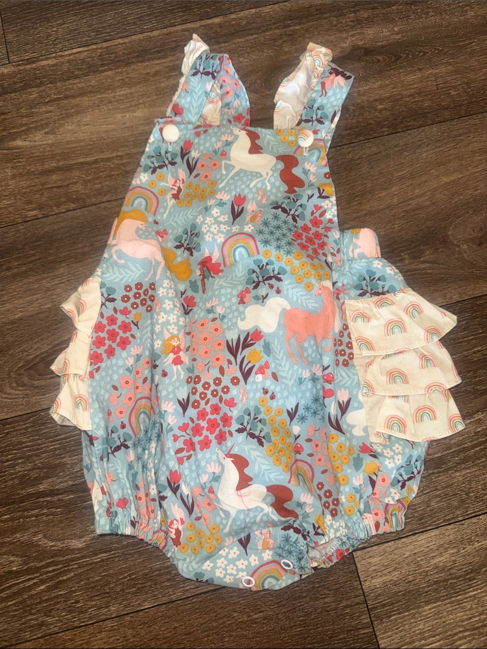 Blue Unicorn & Rainbow Ruffle Bubble Romper - Kids